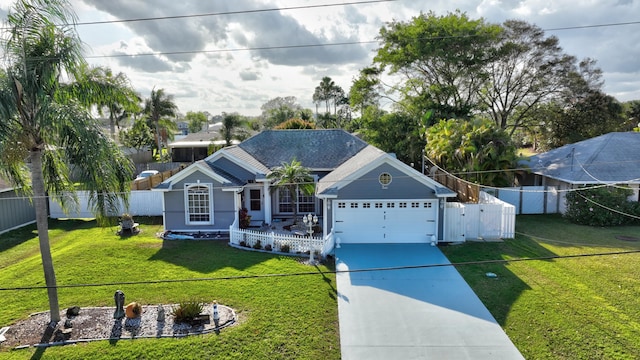 ranch-style home featuring a garage and a front lawn