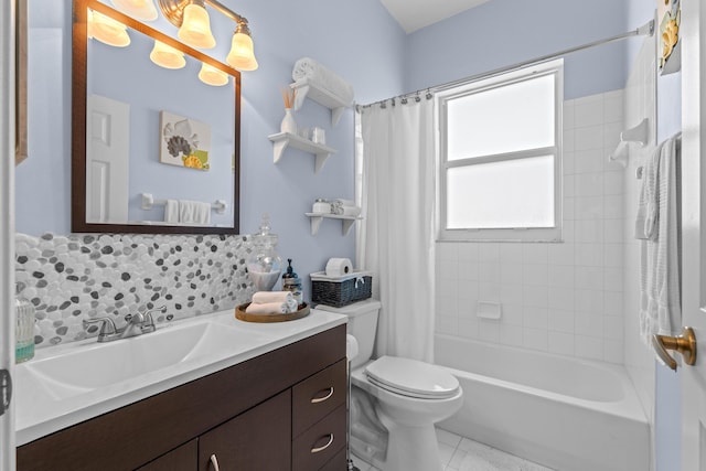 full bathroom featuring tile patterned floors, toilet, shower / tub combo, vanity, and decorative backsplash