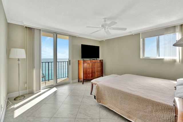 bedroom with multiple windows, access to outside, ornamental molding, and ceiling fan