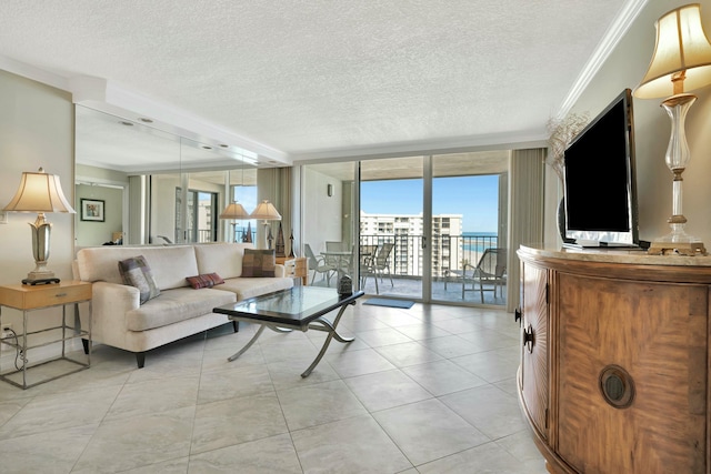 tiled living room with floor to ceiling windows, crown molding, and a textured ceiling