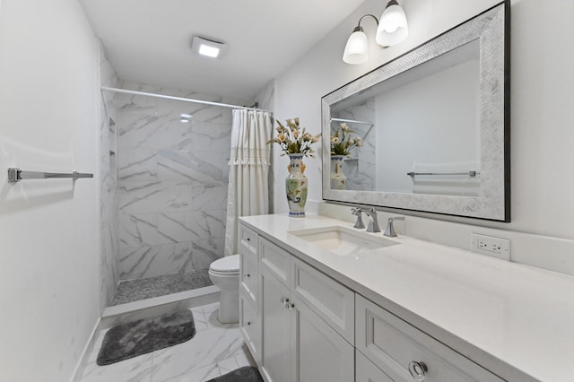 bathroom featuring walk in shower, vanity, and toilet