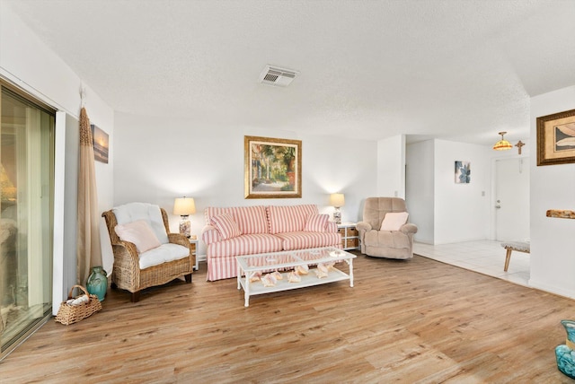 living room with a textured ceiling and light hardwood / wood-style flooring