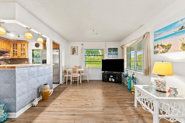 living room featuring light hardwood / wood-style flooring and a textured ceiling