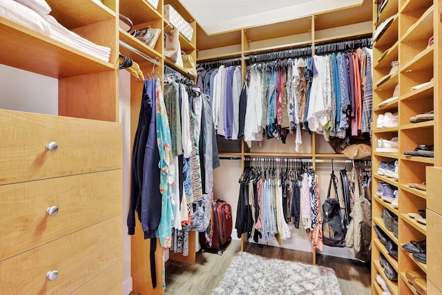 walk in closet with wood finished floors