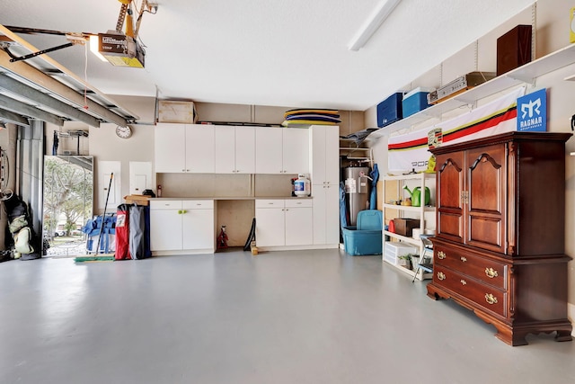 garage with water heater and a garage door opener