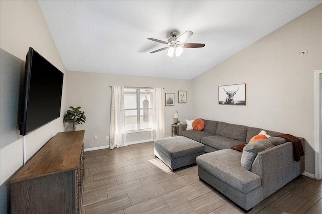 living room with lofted ceiling and ceiling fan