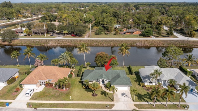 aerial view featuring a water view