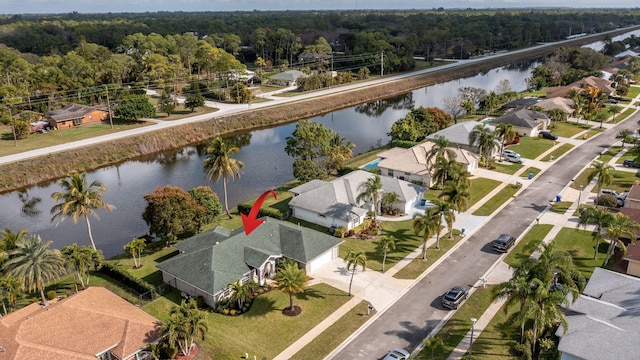 aerial view featuring a water view