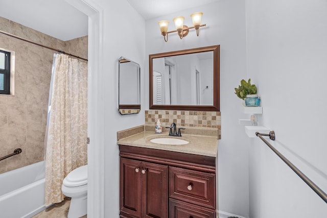 full bathroom with shower / bath combination with curtain, vanity, toilet, and decorative backsplash