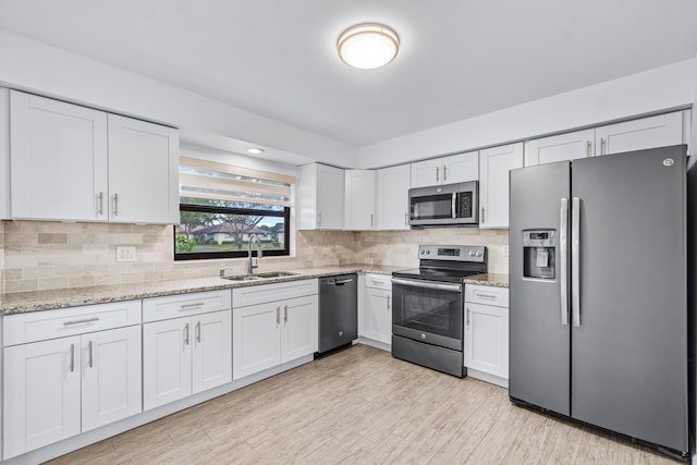 kitchen with white cabinetry, sink, backsplash, and stainless steel appliances