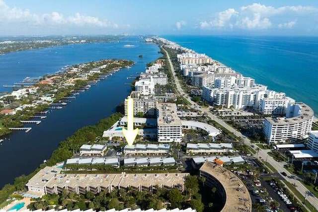 aerial view featuring a water view