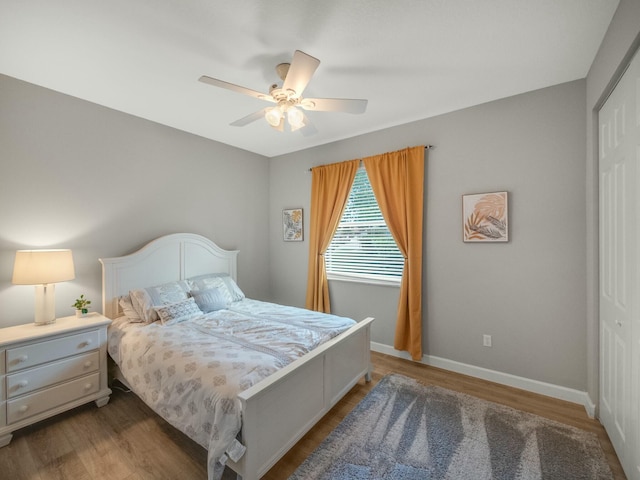 bedroom featuring dark wood-type flooring, ceiling fan, and a closet