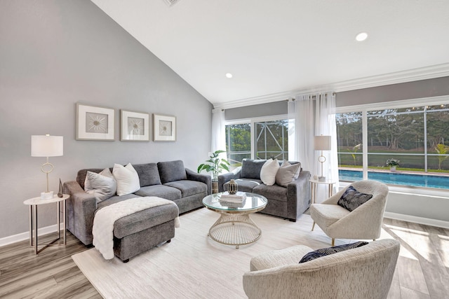 living room featuring high vaulted ceiling and light wood-type flooring