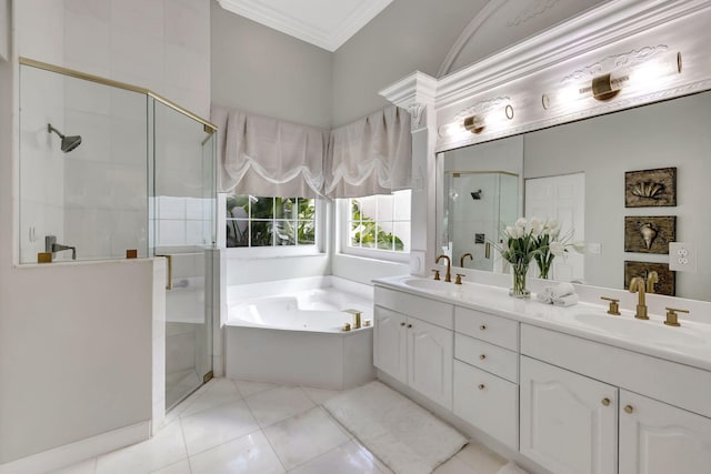 bathroom featuring vanity, tile patterned floors, ornamental molding, and plus walk in shower