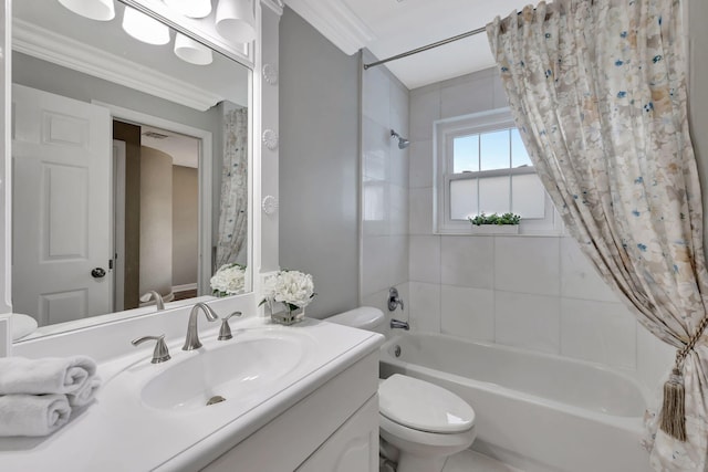 full bathroom with vanity, ornamental molding, shower / bath combination with curtain, and toilet