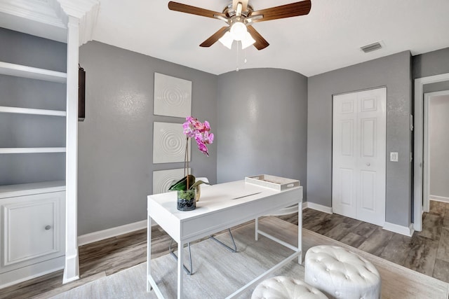 office area featuring hardwood / wood-style flooring and ceiling fan