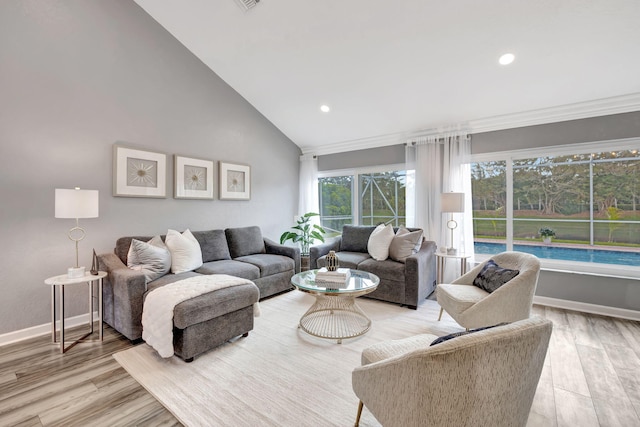 living room with high vaulted ceiling and light hardwood / wood-style flooring