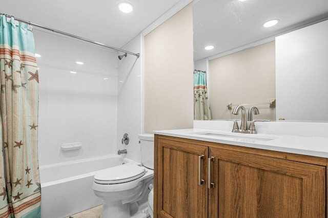 full bathroom with vanity, ornamental molding, shower / tub combo with curtain, and toilet