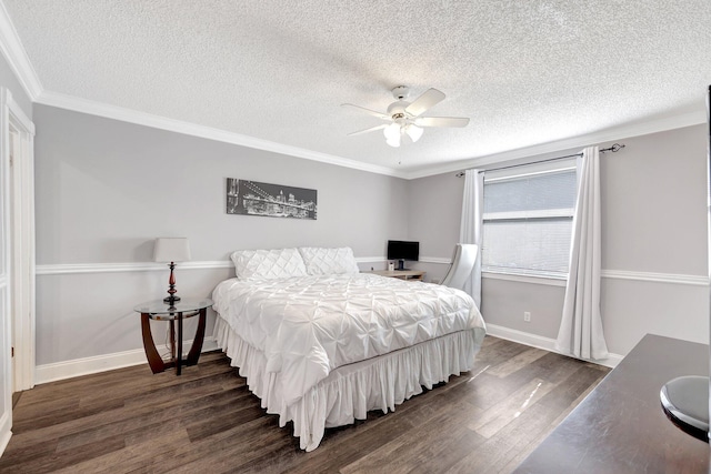 bedroom with crown molding, dark wood-type flooring, and a textured ceiling