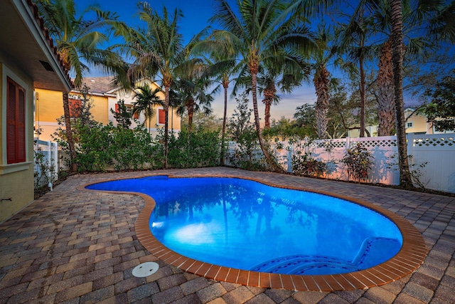 pool at dusk featuring a patio