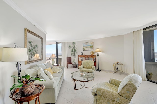 living room with crown molding and light tile patterned floors