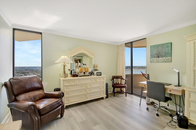 office space with crown molding, floor to ceiling windows, a water view, a wealth of natural light, and light wood-type flooring