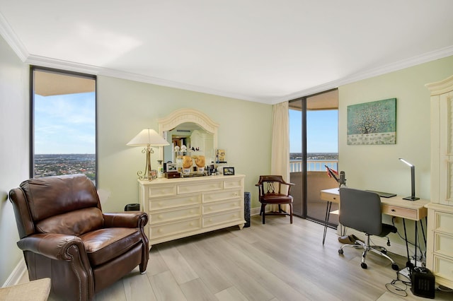 5080 N Ocean Dr Unit 20C, Riviera Beach, FL 33404 - office area with crown molding, light wood-style flooring, a wall of windows, baseboards, and a water view