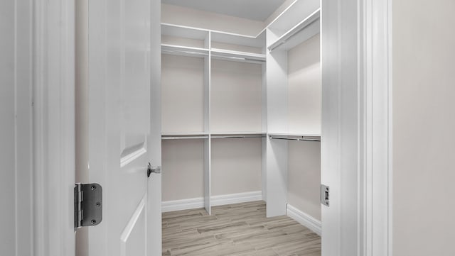 walk in closet with light hardwood / wood-style floors