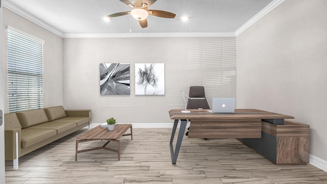 office featuring ornamental molding, ceiling fan, and light hardwood / wood-style floors