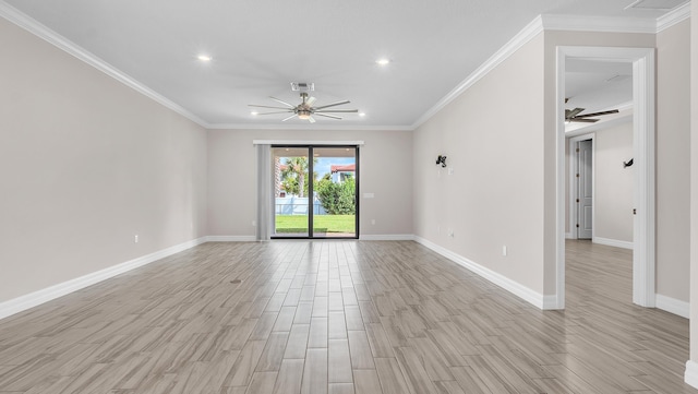 unfurnished room featuring ceiling fan, crown molding, and light hardwood / wood-style floors