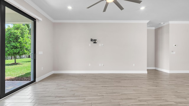 unfurnished room with crown molding, ceiling fan, and light hardwood / wood-style floors