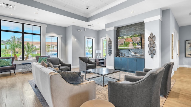 living room with light hardwood / wood-style flooring and a raised ceiling