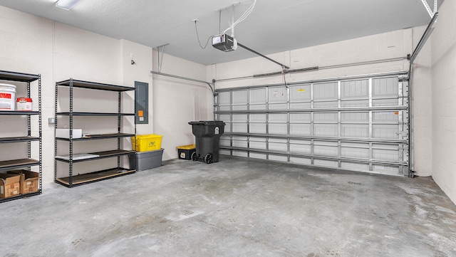 garage featuring a garage door opener and electric panel