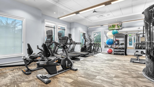 workout area with crown molding, a tray ceiling, a wealth of natural light, and carpet flooring