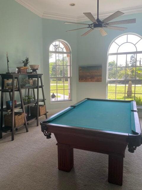 rec room with ceiling fan, ornamental molding, and carpet flooring