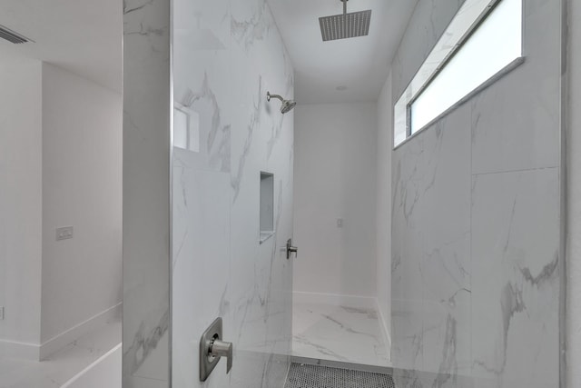 full bathroom featuring marble finish floor, visible vents, and a marble finish shower