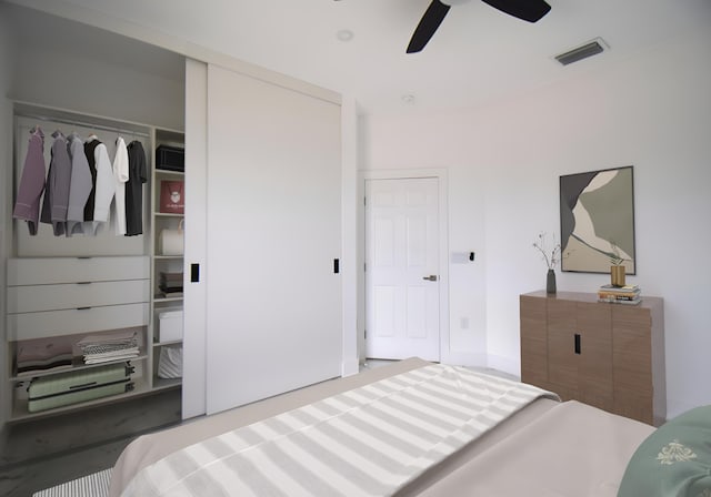 bedroom with visible vents and a ceiling fan