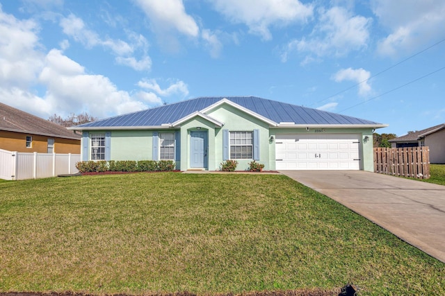 ranch-style house featuring a garage and a front yard