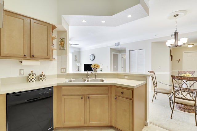 kitchen with black dishwasher, sink, light brown cabinets, and kitchen peninsula