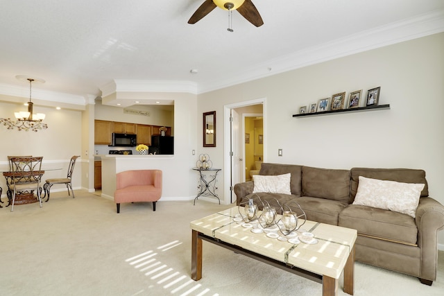 living room featuring light carpet, ceiling fan with notable chandelier, and ornamental molding