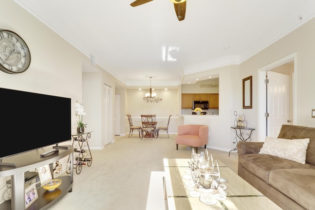 living room with crown molding, ceiling fan with notable chandelier, and light colored carpet