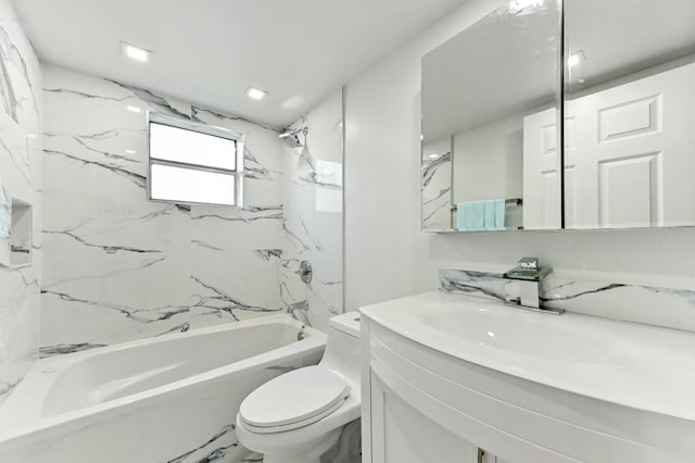 full bathroom with tiled shower / bath, vanity, and toilet