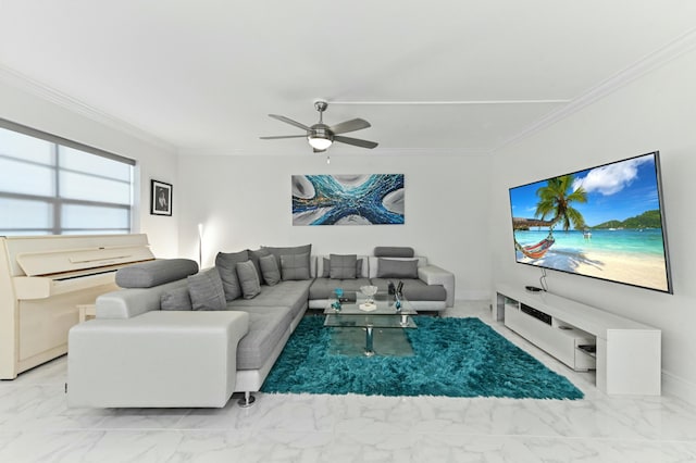 living room with ornamental molding and ceiling fan