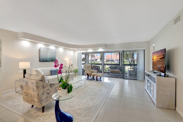 living room featuring light tile patterned floors