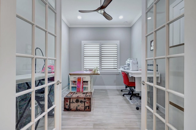 home office featuring light hardwood / wood-style flooring, ornamental molding, french doors, and ceiling fan