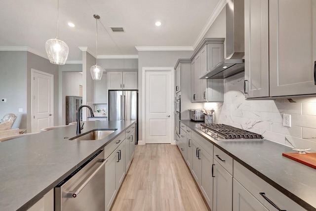 kitchen featuring gray cabinetry, sink, wall chimney exhaust hood, and appliances with stainless steel finishes