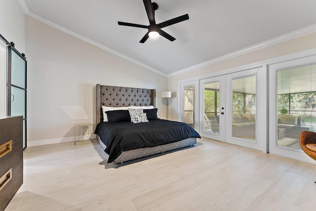 bedroom with crown molding, a barn door, vaulted ceiling, and access to outside