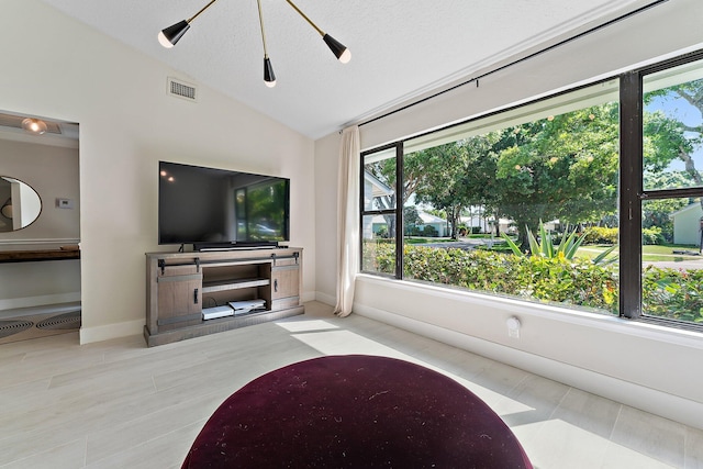 living room featuring lofted ceiling and a textured ceiling