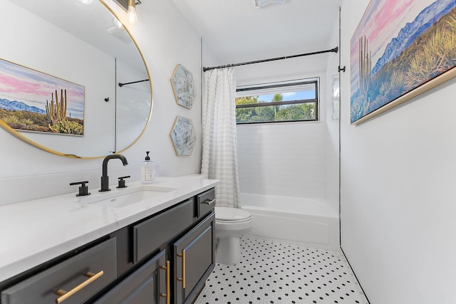 full bathroom with vanity, shower / bath combination with curtain, and toilet