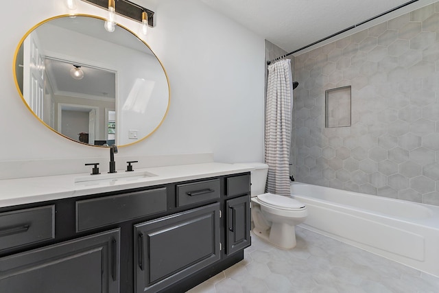 full bathroom with vanity, toilet, shower / bathtub combination with curtain, tile patterned floors, and a textured ceiling